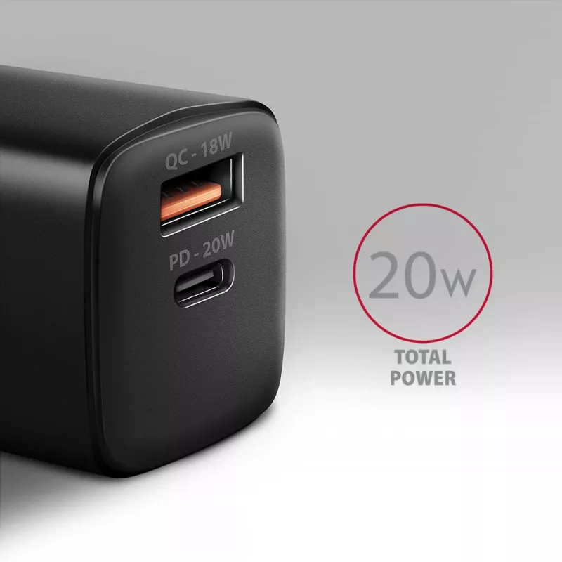 Sienas lādētājs Axagon ACU-PQ20 QC3.0 PD Type-C 20W Melns