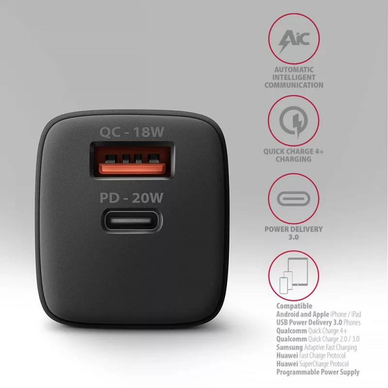 Sienas lādētājs Axagon ACU-PQ20 QC3.0 PD Type-C 20W Melns