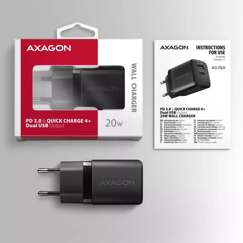 Sienas lādētājs Axagon ACU-PQ20 QC3.0 PD Type-C 20W Melns