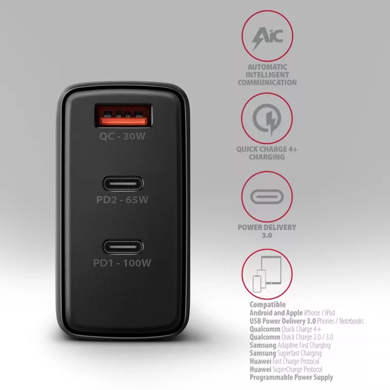 Axagon ACU-DPQ100 PD3.0 un QC 4+ TRĪS IZEJAS sienas lādētājs 100W