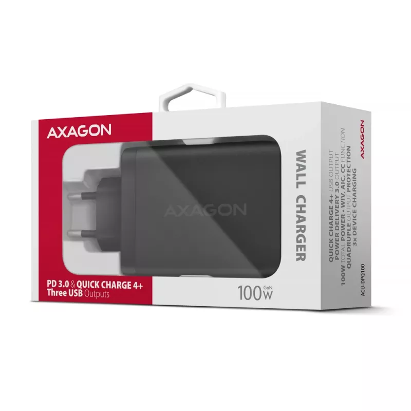 Axagon ACU-DPQ100 PD3.0 un QC 4+ TRĪS IZEJAS sienas lādētājs 100W