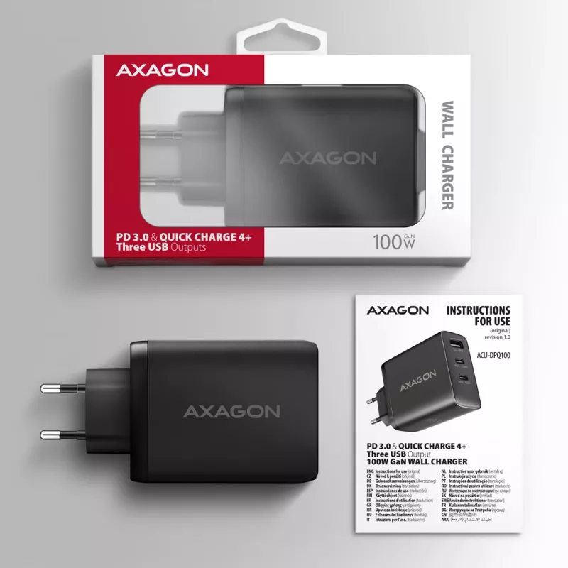 Axagon ACU-DPQ100 PD3.0 un QC 4+ TRĪS IZEJAS sienas lādētājs 100W