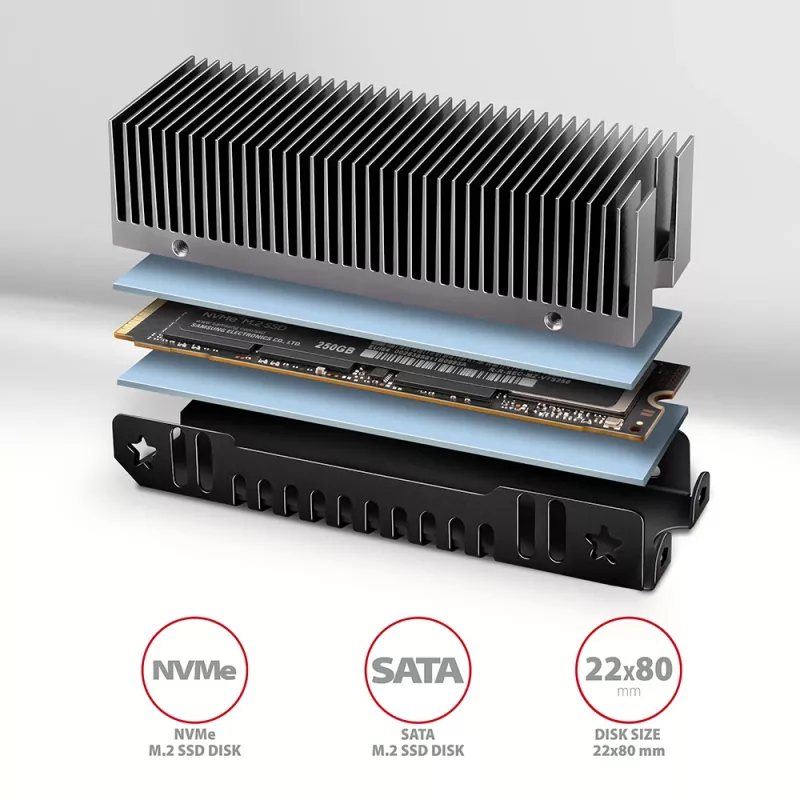 Axagon CLR-M2XT alumīnija pasīvais dzesētājs vienpusējiem un abpusējiem M.2 SSD diskiem ar izmēru 2280, augstums 24 mm