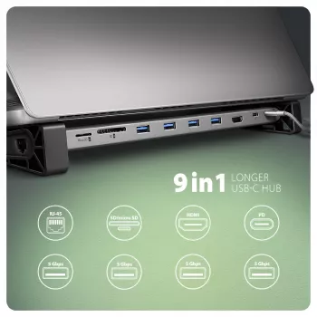 Axagon HMC-10HLS, USB 5Gbps centrālmezgls, 4x USB-A, HDMI 4k/60Hz, RJ-45, SD/microSD, PD 100W