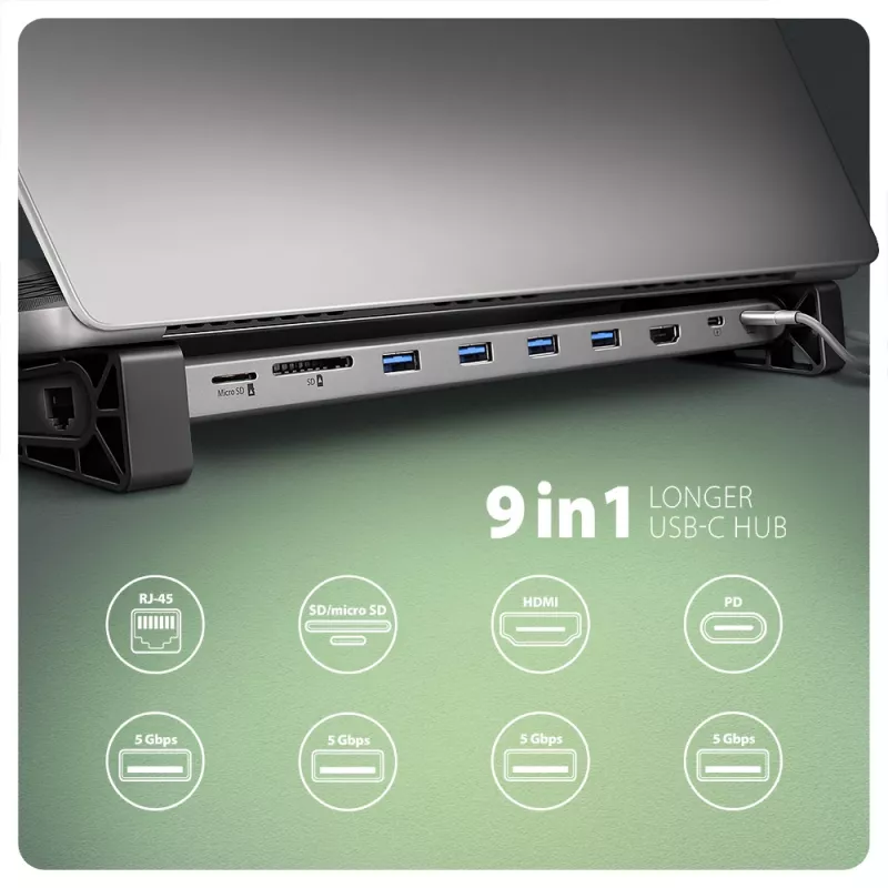 Axagon HMC-10HLS, USB 5Gbps centrālmezgls, 4x USB-A, HDMI 4k/60Hz, RJ-45, SD/microSD, PD 100W