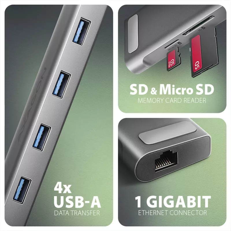 Axagon HMC-10HLS, USB 5Gbps centrālmezgls, 4x USB-A, HDMI 4k/60Hz, RJ-45, SD/microSD, PD 100W