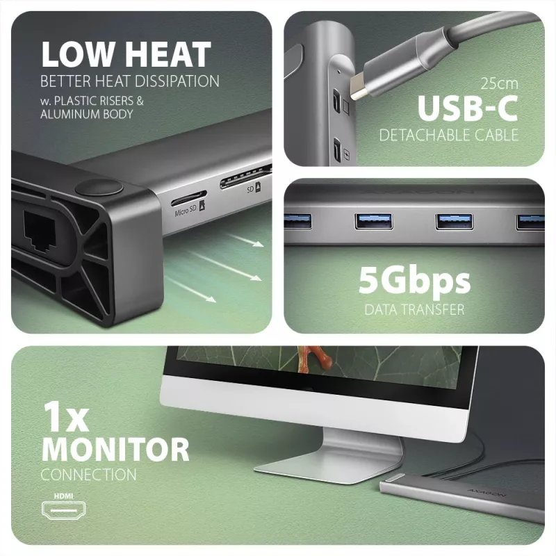 Axagon HMC-10HLS, USB 5Gbps centrālmezgls, 4x USB-A, HDMI 4k/60Hz, RJ-45, SD/microSD, PD 100W