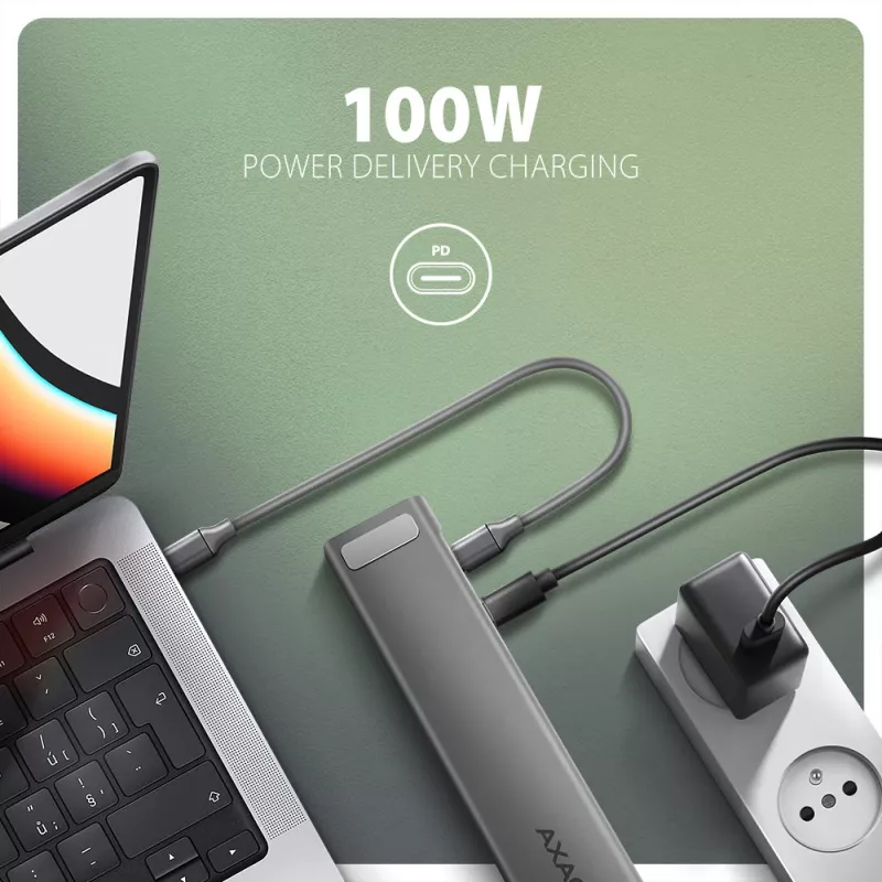 Axagon HMC-10HLS, USB 5Gbps centrālmezgls, 4x USB-A, HDMI 4k/60Hz, RJ-45, SD/microSD, PD 100W
