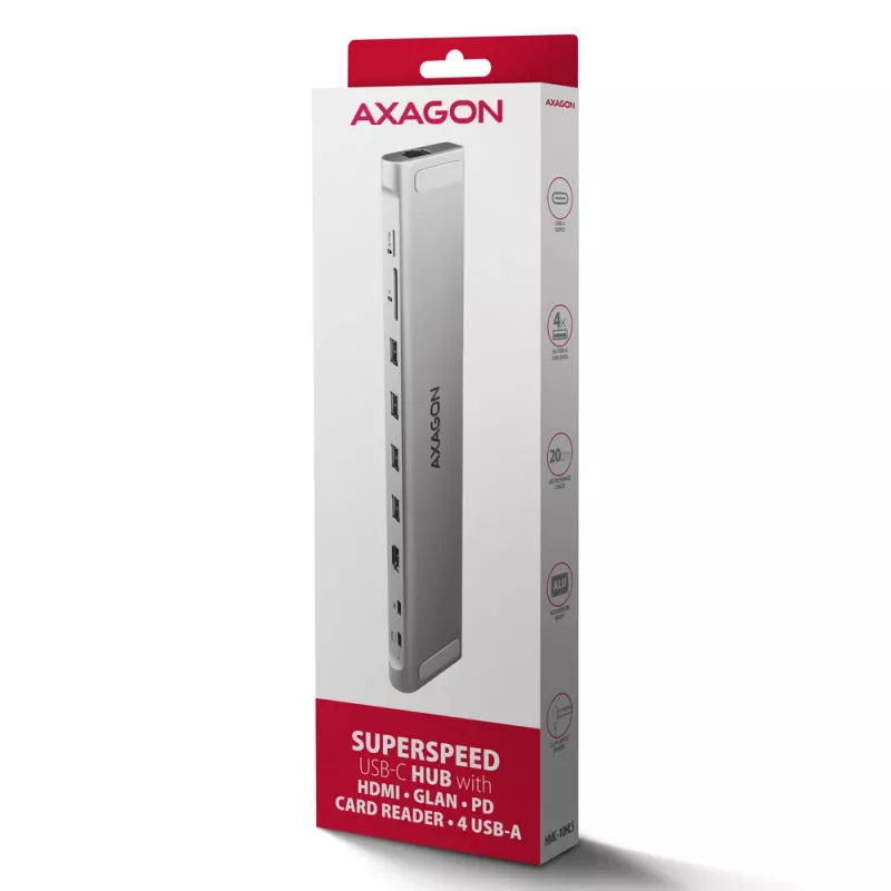 Axagon HMC-10HLS, USB 5Gbps centrālmezgls, 4x USB-A, HDMI 4k/60Hz, RJ-45, SD/microSD, PD 100W