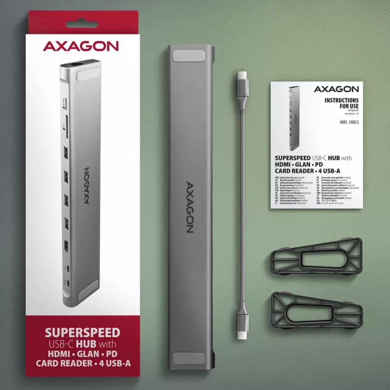 Axagon HMC-10HLS, USB 5Gbps centrālmezgls, 4x USB-A, HDMI 4k/60Hz, RJ-45, SD/microSD, PD 100W