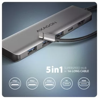 Axagon HMC-5H USB 5 Gbps centrmezgls, 3x USB-A, HDMI 4k/30Hz, PD 100W, 100cm USB-C kabelis