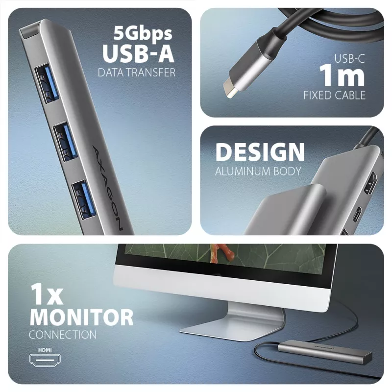 Axagon HMC-5H USB 5 Gbps centrmezgls, 3x USB-A, HDMI 4k/30Hz, PD 100W, 100cm USB-C kabelis