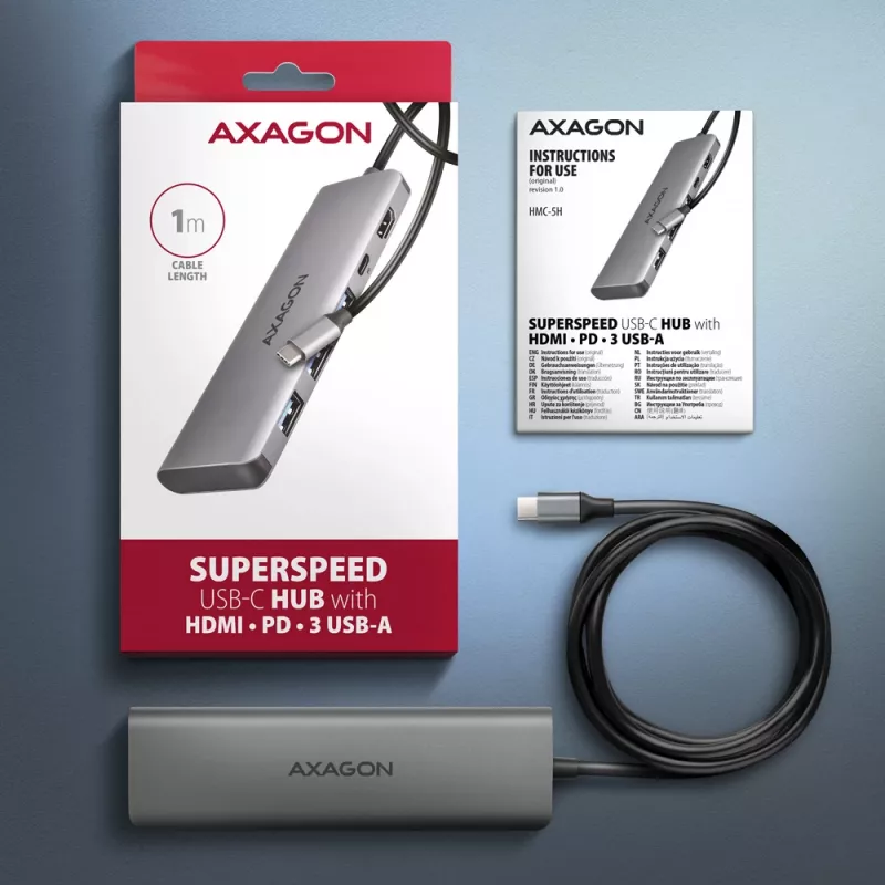 Axagon HMC-5H USB 5 Gbps centrmezgls, 3x USB-A, HDMI 4k/30Hz, PD 100W, 100cm USB-C kabelis