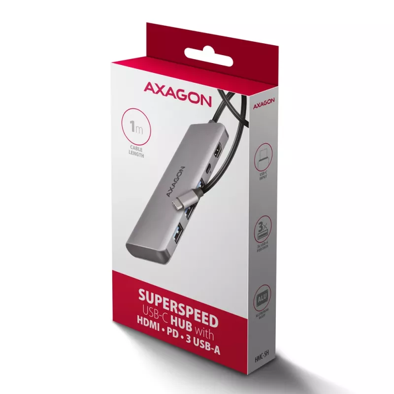 Axagon HMC-5H USB 5 Gbps centrmezgls, 3x USB-A, HDMI 4k/30Hz, PD 100W, 100cm USB-C kabelis