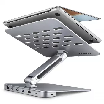Axagon HMC-STND Daudzportu USB-C 5 Gbps centrmezgls un alumīnija statīvs klēpjdatoriem. HDMI 4k/60 Hz, GLAN, PD un 3 USB-A porti. USB-C kabelis 60 cm.