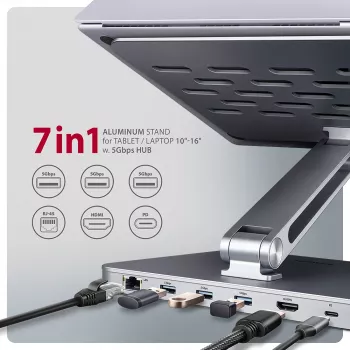 Axagon HMC-STND Daudzportu USB-C 5 Gbps centrmezgls un alumīnija statīvs klēpjdatoriem. HDMI 4k/60 Hz, GLAN, PD un 3 USB-A porti. USB-C kabelis 60 cm.