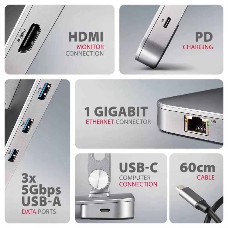 Axagon HMC-STND Daudzportu USB-C 5 Gbps centrmezgls un alumīnija statīvs klēpjdatoriem. HDMI 4k/60 Hz, GLAN, PD un 3 USB-A porti. USB-C kabelis 60 cm.
