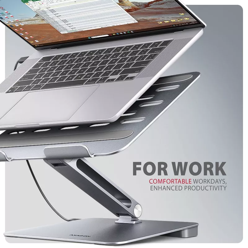 Axagon HMC-STND Daudzportu USB-C 5 Gbps centrmezgls un alumīnija statīvs klēpjdatoriem. HDMI 4k/60 Hz, GLAN, PD un 3 USB-A porti. USB-C kabelis 60 cm.