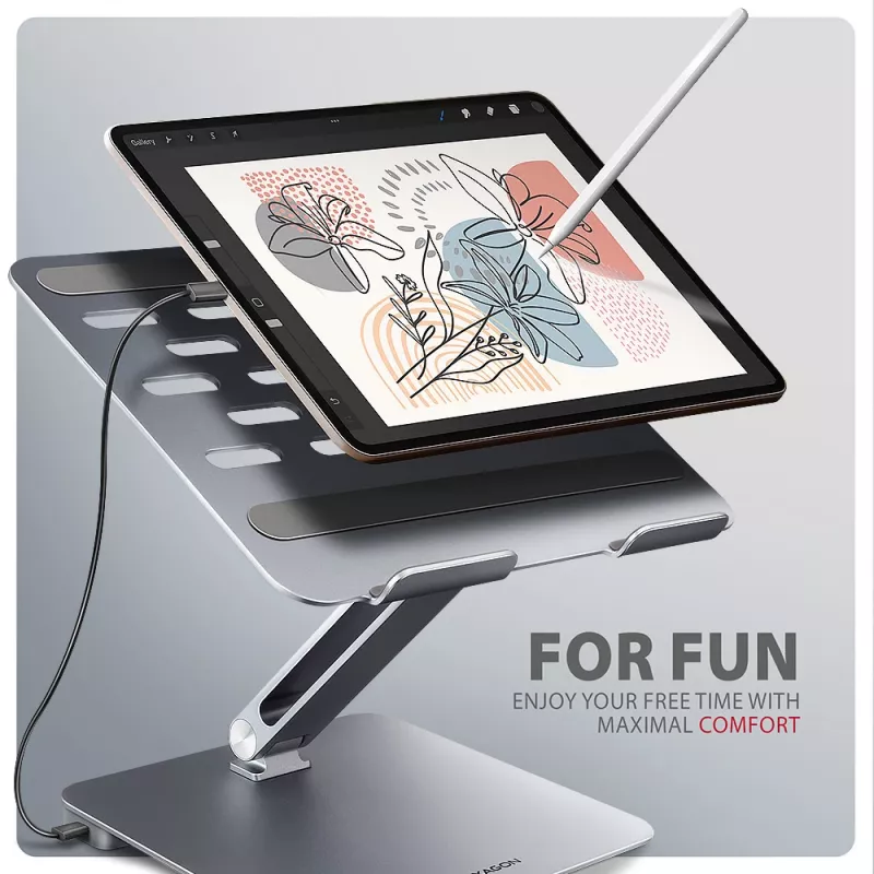 Axagon HMC-STND Daudzportu USB-C 5 Gbps centrmezgls un alumīnija statīvs klēpjdatoriem. HDMI 4k/60 Hz, GLAN, PD un 3 USB-A porti. USB-C kabelis 60 cm.