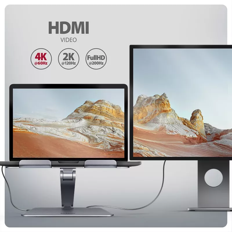 Axagon HMC-STND Daudzportu USB-C 5 Gbps centrmezgls un alumīnija statīvs klēpjdatoriem. HDMI 4k/60 Hz, GLAN, PD un 3 USB-A porti. USB-C kabelis 60 cm.