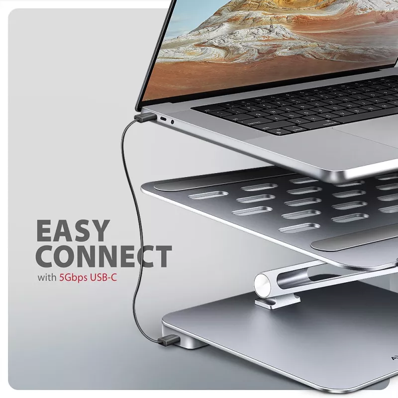 Axagon HMC-STND Daudzportu USB-C 5 Gbps centrmezgls un alumīnija statīvs klēpjdatoriem. HDMI 4k/60 Hz, GLAN, PD un 3 USB-A porti. USB-C kabelis 60 cm.