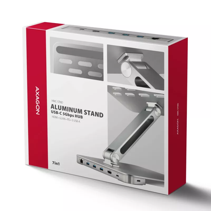 Axagon HMC-STND Daudzportu USB-C 5 Gbps centrmezgls un alumīnija statīvs klēpjdatoriem. HDMI 4k/60 Hz, GLAN, PD un 3 USB-A porti. USB-C kabelis 60 cm.