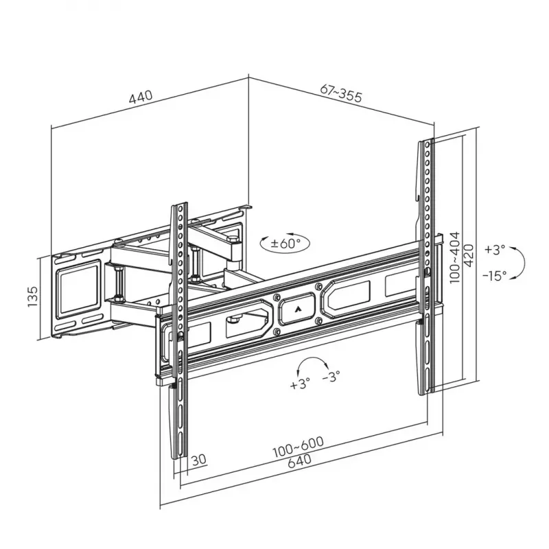 TV sienas stiprinājums MACLEAN MC-710N VESA līdz 600x400 mm, slīpums +3°/−15°, maks. attālums 35.5 cm, maks. ekrāns 80 collas, tērauds, melns