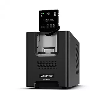 Nepārtrauktās barošanas avots CYBERPOWER PR1000ELCD — 1 kVA (900 W), līnijinteraktīvā, tīrais sinusa vilnis, 8× C13 ligzdas, LCD, karstās apmaiņas baterija