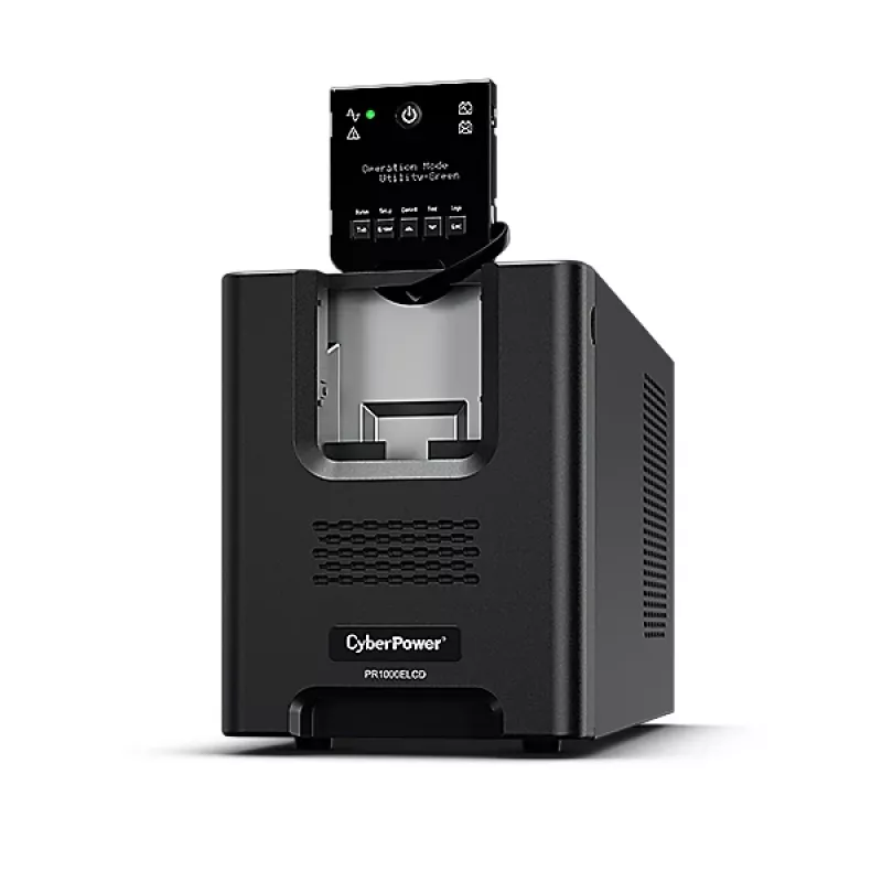 Nepārtrauktās barošanas avots CYBERPOWER PR1000ELCD — 1 kVA (900 W), līnijinteraktīvā, tīrais sinusa vilnis, 8× C13 ligzdas, LCD, karstās apmaiņas baterija