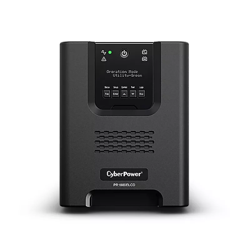 Nepārtrauktās barošanas avots CYBERPOWER PR1000ELCD — 1 kVA (900 W), līnijinteraktīvā, tīrais sinusa vilnis, 8× C13 ligzdas, LCD, karstās apmaiņas baterija