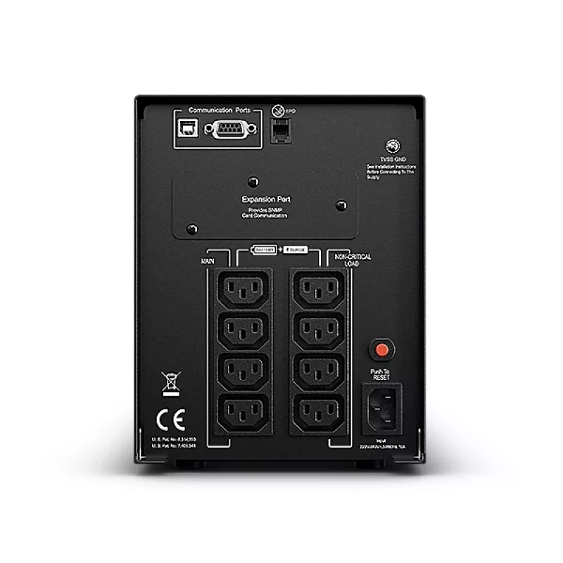Nepārtrauktās barošanas avots CYBERPOWER PR1000ELCD — 1 kVA (900 W), līnijinteraktīvā, tīrais sinusa vilnis, 8× C13 ligzdas, LCD, karstās apmaiņas baterija