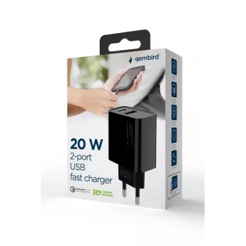GEMBIRD USB ātrais lādētājs - Type A un C 2 porti 20W - Melns