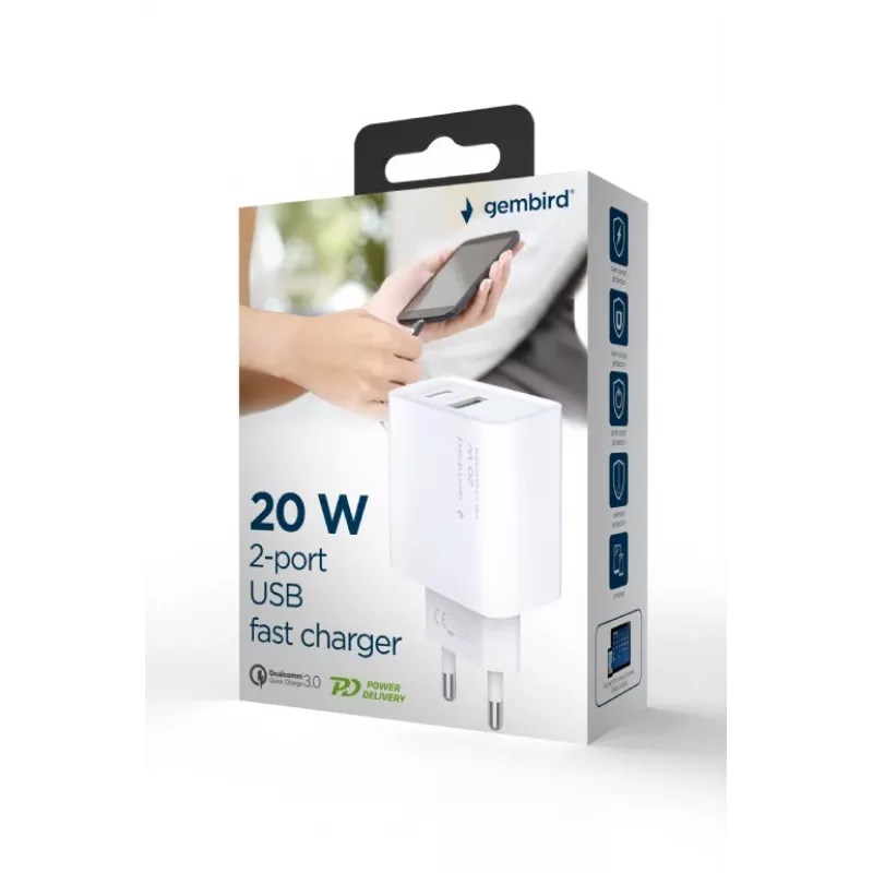 GEMBIRD USB ātrais lādētājs - Type A un C 2 portu 20W - Balts