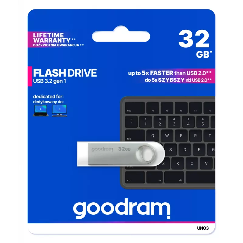 USB zibatmiņa GOODRAM UNO3-0320S0R11 32 GB, USB Type-A, USB 3.2 Gen 1, metāla, bez vāciņa, sudraba
