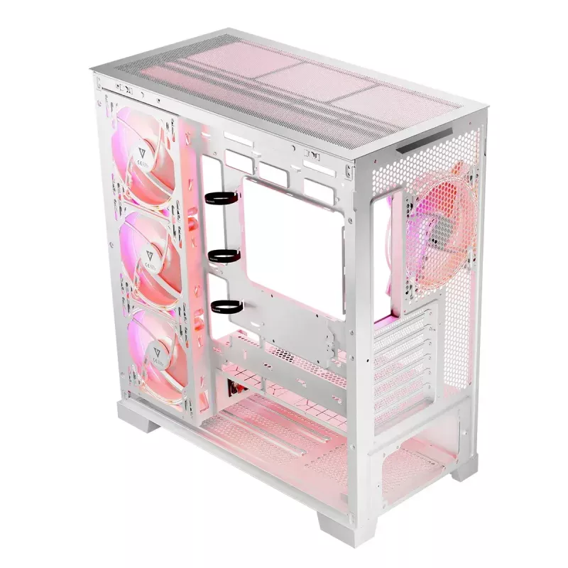 PC Case MODECOM Volcano SPACE APEX ARGB MIDI Tower balta — tērauds, sānu logs, ARGB ventilatori, USB-C