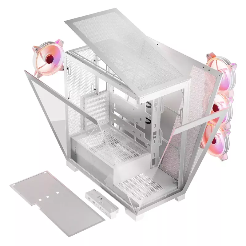 PC Case MODECOM Volcano SPACE APEX ARGB MIDI Tower balta — tērauds, sānu logs, ARGB ventilatori, USB-C