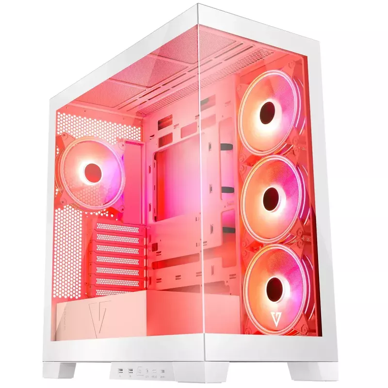 PC Case MODECOM Volcano SPACE APEX ARGB MIDI Tower balta — tērauds, sānu logs, ARGB ventilatori, USB-C