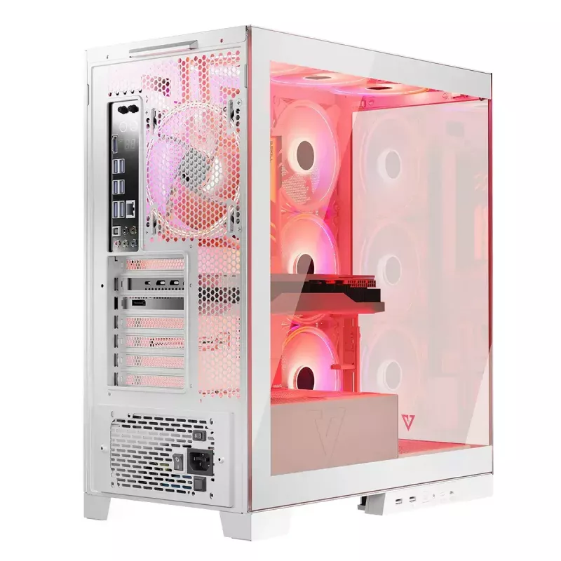 PC Case MODECOM Volcano SPACE APEX ARGB MIDI Tower balta — tērauds, sānu logs, ARGB ventilatori, USB-C