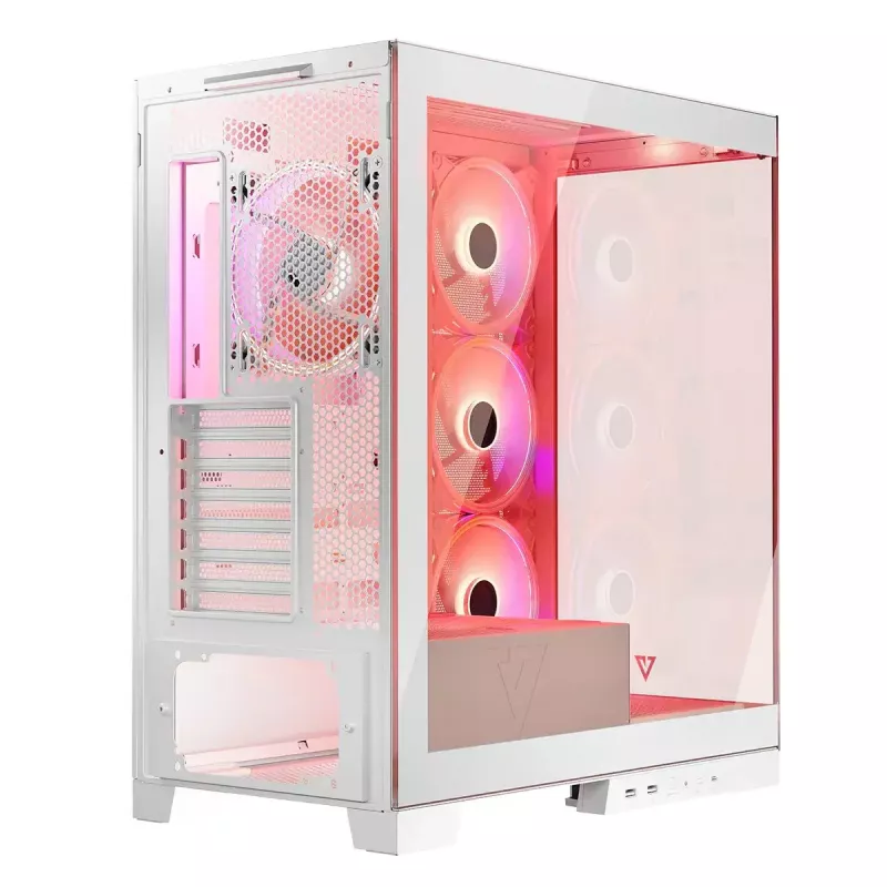 PC Case MODECOM Volcano SPACE APEX ARGB MIDI Tower balta — tērauds, sānu logs, ARGB ventilatori, USB-C