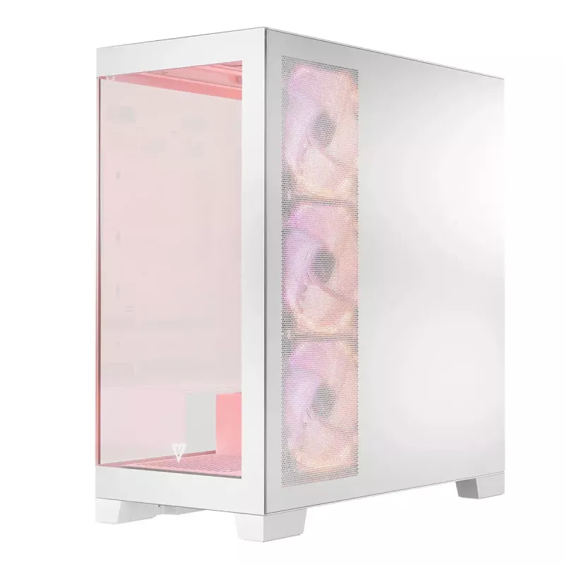 PC Case MODECOM Volcano SPACE APEX ARGB MIDI Tower balta — tērauds, sānu logs, ARGB ventilatori, USB-C