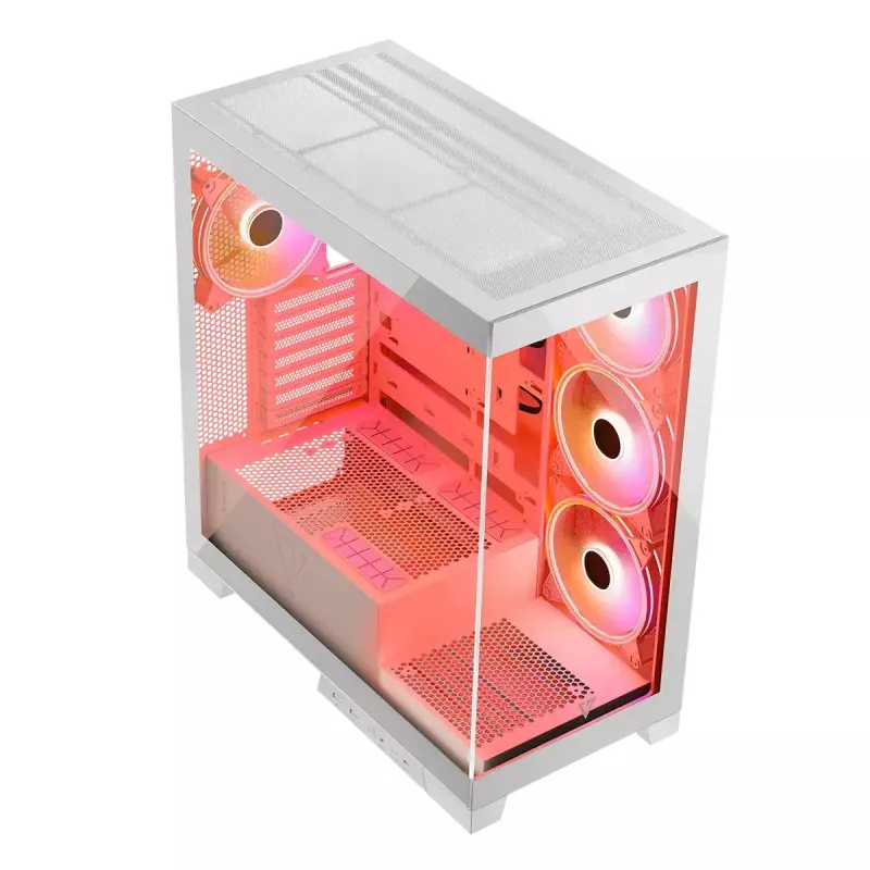 PC Case MODECOM Volcano SPACE APEX ARGB MIDI Tower balta — tērauds, sānu logs, ARGB ventilatori, USB-C