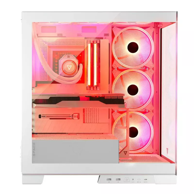 PC Case MODECOM Volcano SPACE APEX ARGB MIDI Tower balta — tērauds, sānu logs, ARGB ventilatori, USB-C