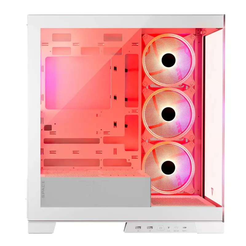 PC Case MODECOM Volcano SPACE APEX ARGB MIDI Tower balta — tērauds, sānu logs, ARGB ventilatori, USB-C