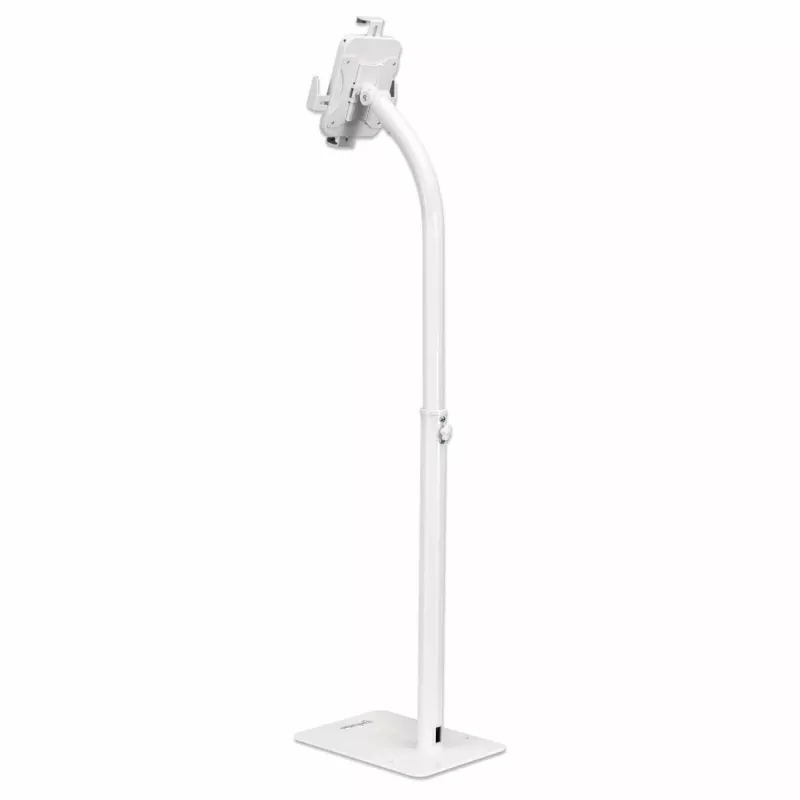Manhattan Floor Stand (Anti theft) for Tablet and iPad, Universal, 360° Rotation, Tilt +20° to -110°, balta, Lockable, Tablets 7.9 inch to 11 inch, Height adjustable 790 to 1190mm,Extendable clamps: height 200 to 246mm/width 129 to 181mm,Can be bolted to floor (parts incl)
