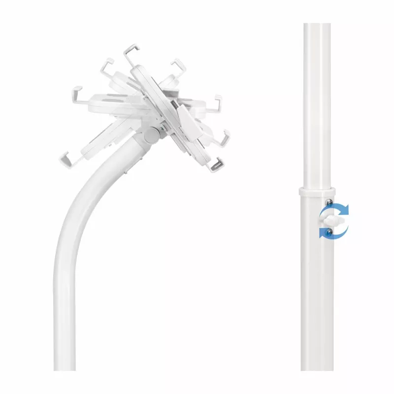 Manhattan Floor Stand (Anti theft) for Tablet and iPad, Universal, 360° Rotation, Tilt +20° to -110°, balta, Lockable, Tablets 7.9 inch to 11 inch, Height adjustable 790 to 1190mm,Extendable clamps: height 200 to 246mm/width 129 to 181mm,Can be bolted to floor (parts incl)