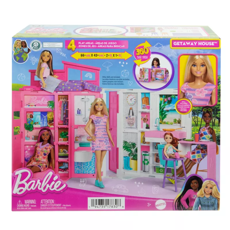 Barbie Getaway leļļu māja ar lelli, 4 rotaļu zonām un 11 dekorācijas piederumiem