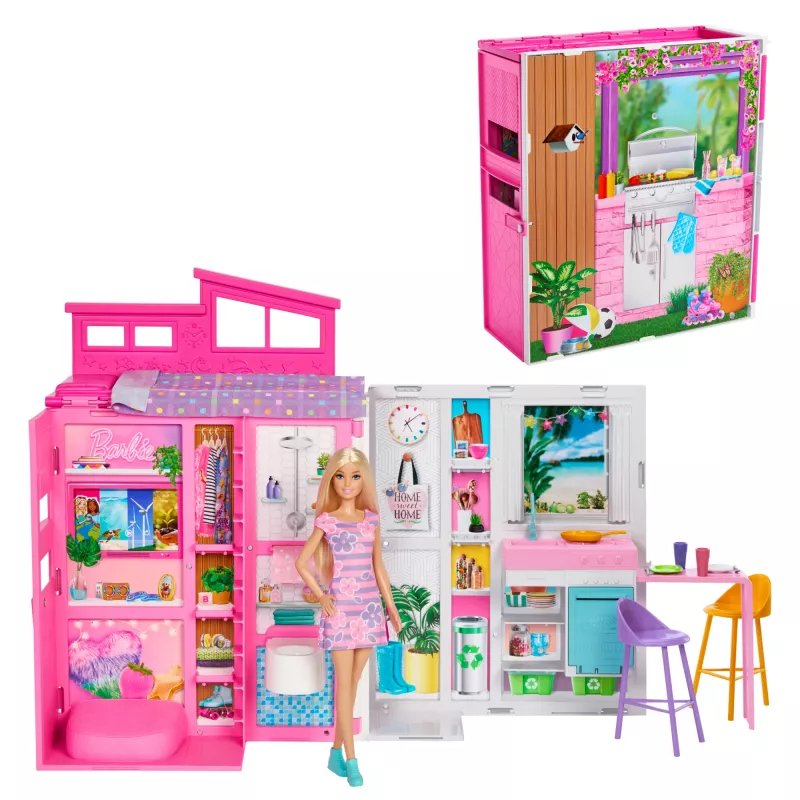 Barbie Getaway leļļu māja ar lelli, 4 rotaļu zonām un 11 dekorācijas piederumiem