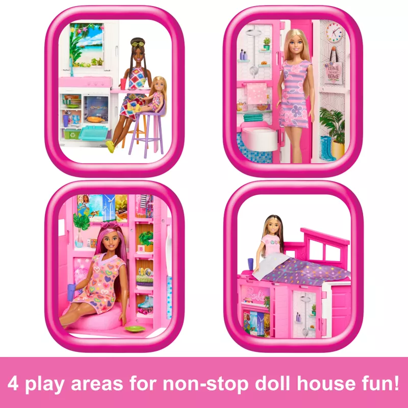Barbie Getaway leļļu māja ar lelli, 4 rotaļu zonām un 11 dekorācijas piederumiem