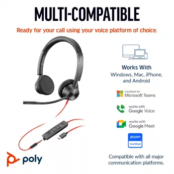 HP Poly Melnswire 3325 Stereo USB-C Headset +3.5mm Plug +USB-C/A Adapter