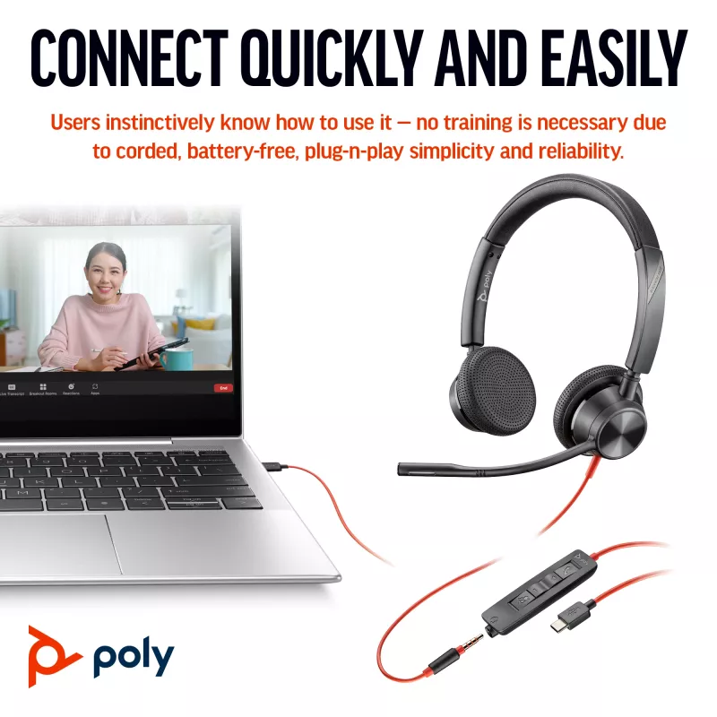 HP Poly Melnswire 3325 Stereo USB-C Headset +3.5mm Plug +USB-C/A Adapter